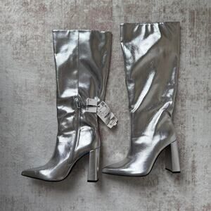 Zara Silver Metallic Knee High Boots with Block Heel